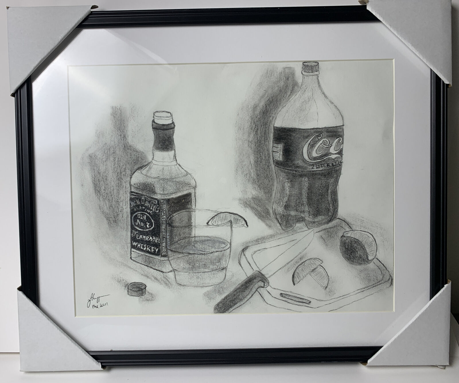 One Of A Kind Original Fine Art Charcoal Drawing- Jack & Coke