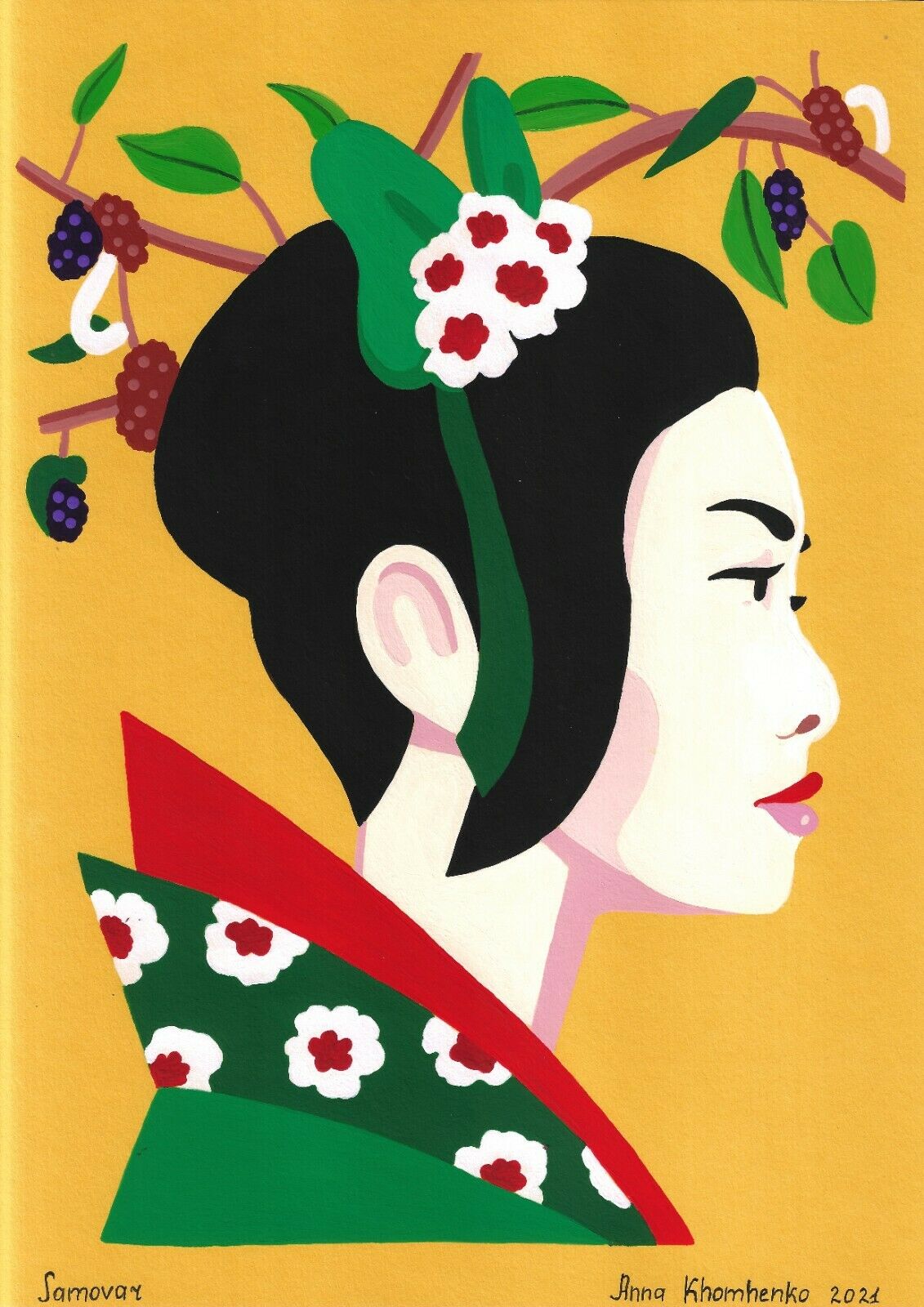 Original Painting A4 3Хan Art Samovar Gouache Modern Geisha Signed 2021